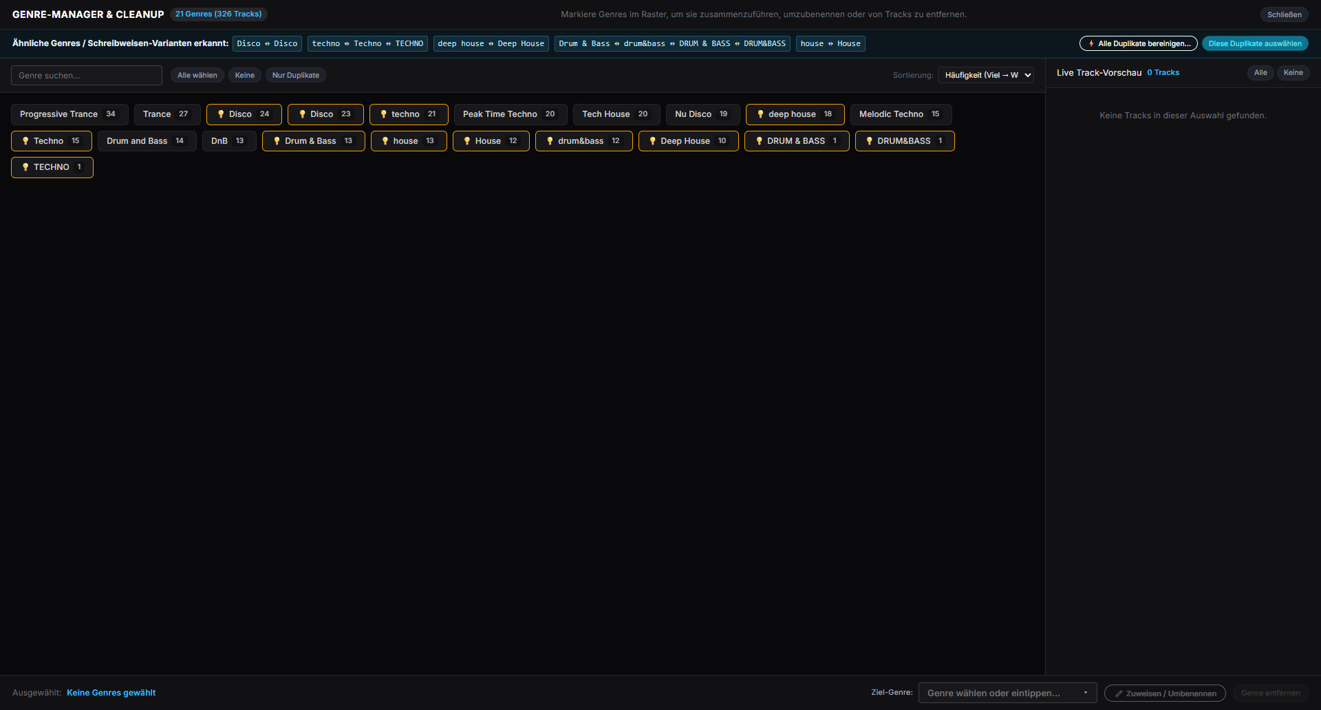 Genre Manager grouping spelling variants for batch cleanup