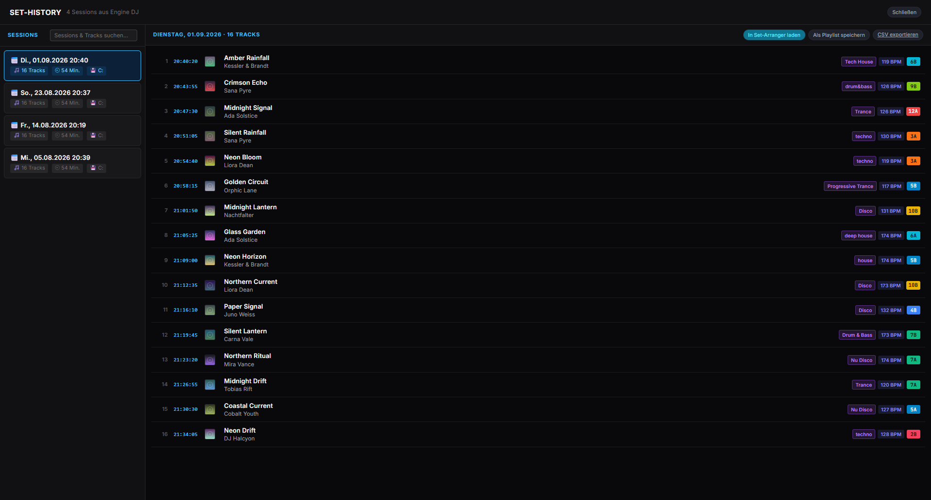 Set-History view with played sessions and playlist export